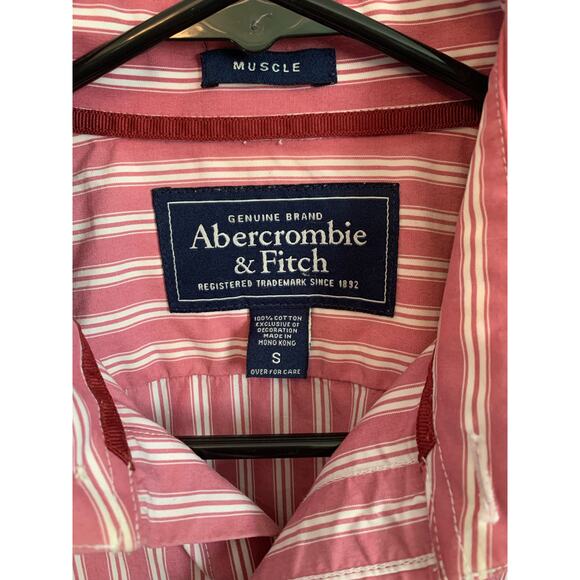 Abercrombie and Fitch men’s muscle button-down pink striped shirt.  - Picture 3 of 3